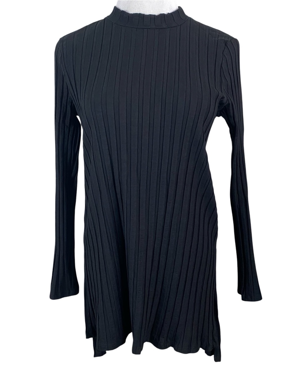 Eileen Fisher Womens Tunic Top Size M Black Tencel Ribbed Long Sleeve Mock Neck